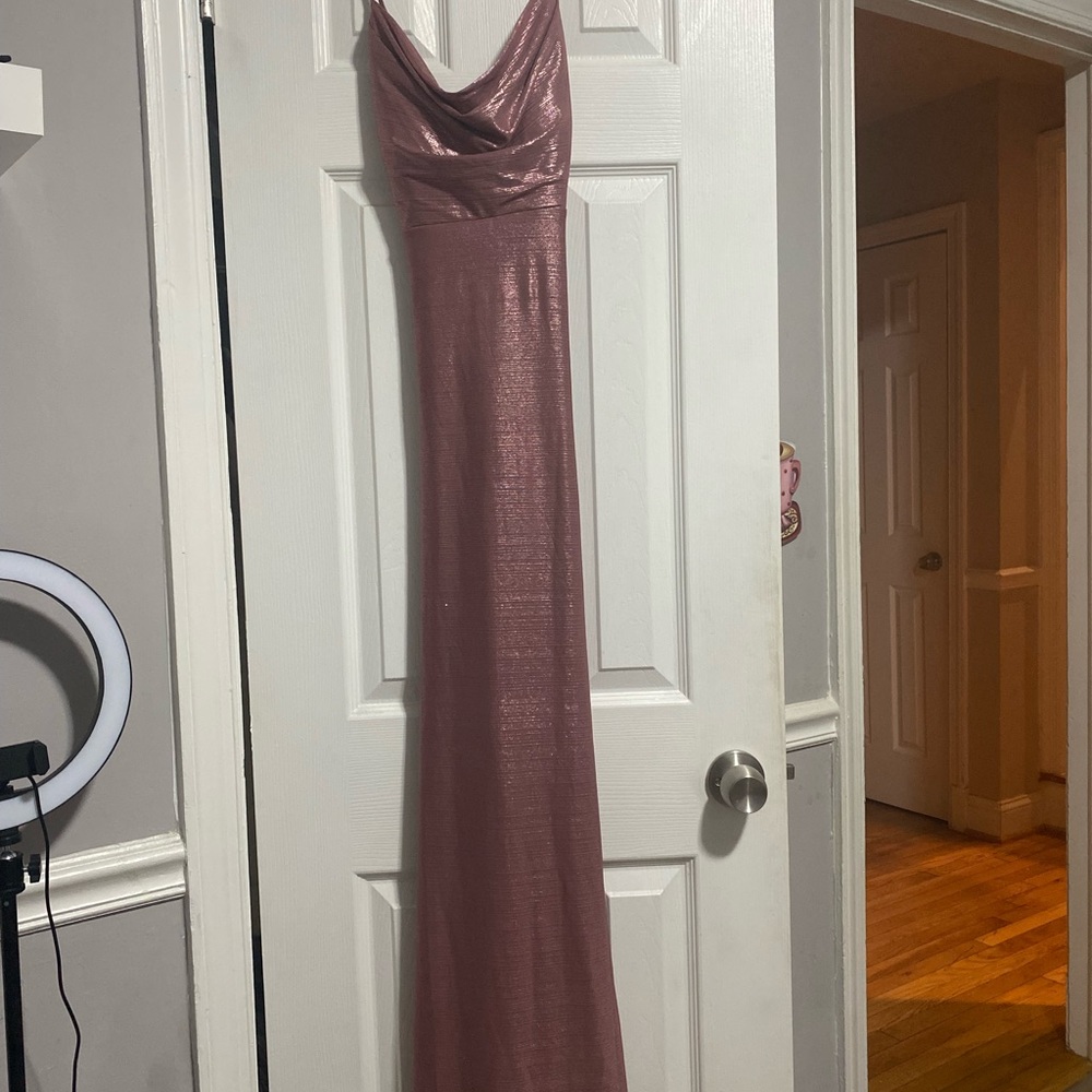 Metallic Cowl Neck Crossing Spaghetti Strap Mauve Dress